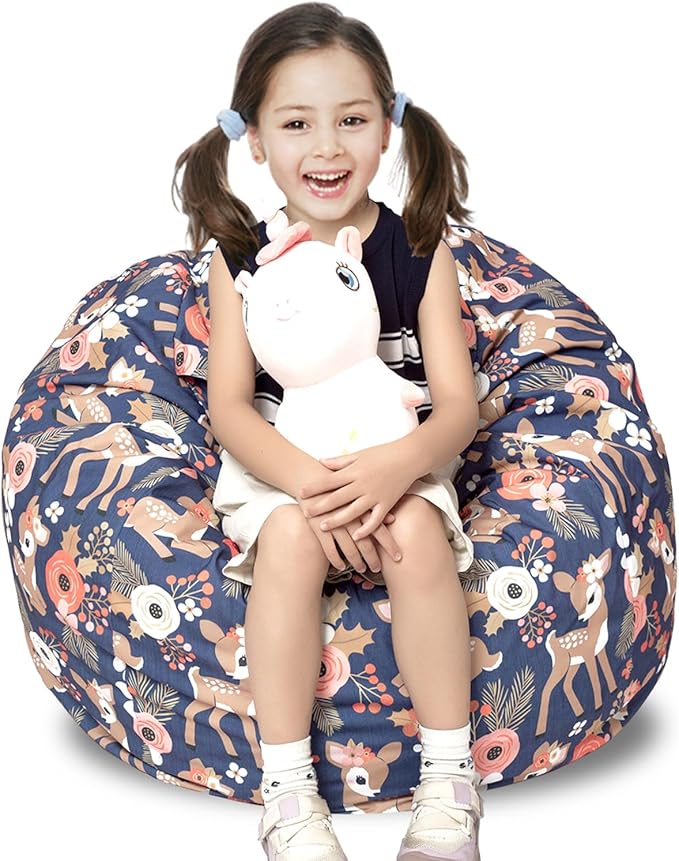 Stuffed Animal Storage Bean Bag Chair Cover, Hold Kids Plush Toys Blankets Towels Beanbag (Cover Only), Canvas Floor Circle Stuff Sit Seat Sofa with YKK Zipper, Large 32", Fawn