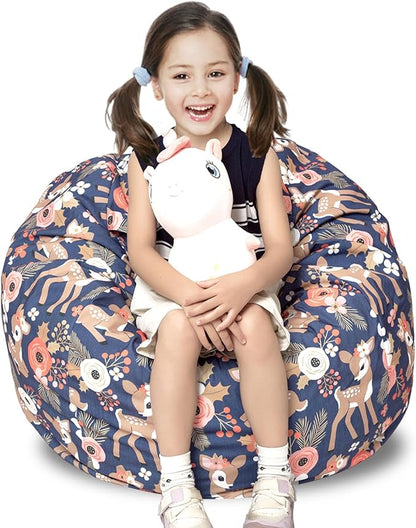 Stuffed Animal Storage Bean Bag Chair Cover, Hold Kids Plush Toys Blankets Towels Beanbag (Cover Only), Canvas Floor Circle Stuff Sit Seat Sofa with YKK Zipper, Large 32", Fawn