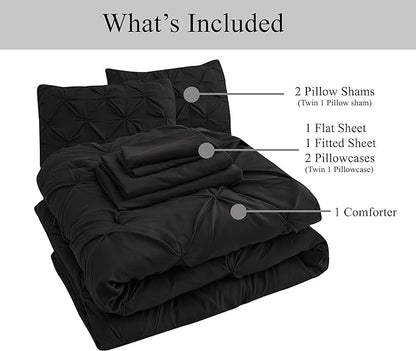 LANE LINEN California King Comforter Set, 7 Piece Cal King Bed in a Bag, Pintuck Cal King Bedding Set, Soft Cali King Bed Set, Cal King Bedding Comforter Sets with Sheets, Pillowcases & Shams - Black