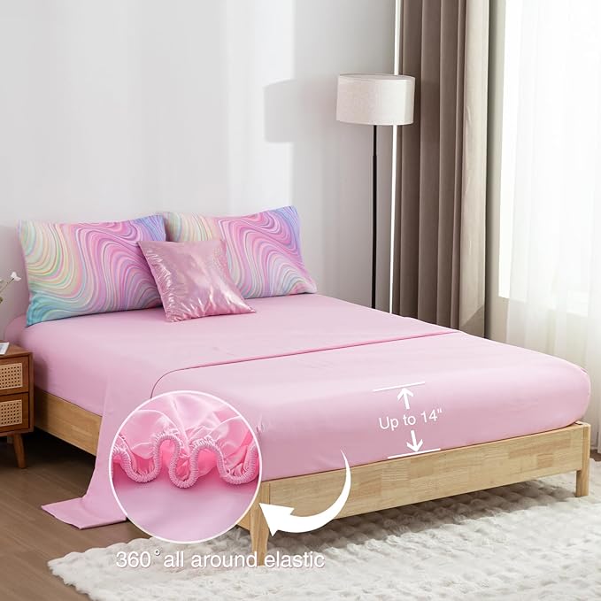 Btargot Super Soft 6 Pieces Gradient Wavy Line Comforter Set, Colorful Glitter Rainbow Star Pattern Bedding Set for Boys Girls Teens, Full Pink Green