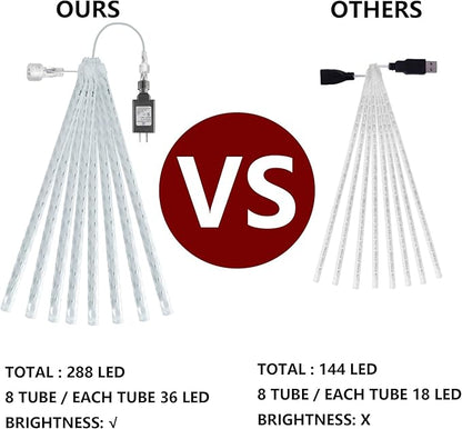 Dazzle Bright 4th of July Lights Decorations, 288LED Red Blue and White Meteor Shower Rain Lights 12Inch 8 Tubes, Waterproof Plug in Falling Rain Lights Independence Day for Outdoor Yard