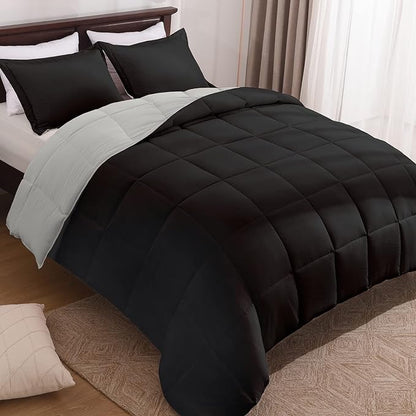 Basic Beyond Queen Comforter Set - Fluffy Comforter Queen Set for All Seasons - Reversible Black and Grey Queen Comforter Set for Mens - 3 Pieces (1 Comforter + 2 Pillow Shams)