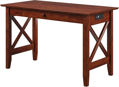 AFI 48" Solid Wood Writing Desk - Sturdy X Design - Home Office Desk with Drawer, Laptop Computer Work Study Table with USB Charger Walnut