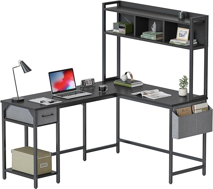 BANTI L Shaped Desk with Hutch, 58 inch Corner Computer Desk with Drawer,Home Office Gaming Table Workstation with Storage Bookshelf, Black