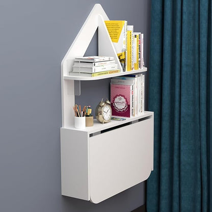 Wall Mounted Drop-Leaf Table, Floating Laptop Desk, Folding Table with Shelves, Multifunctional Computer Workstation Storage Compartments in Home Office for Space Saving (White)