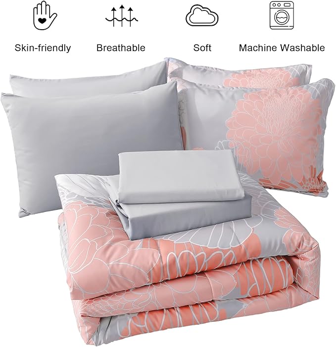 Yiran Blush Grey Floral Bed in a Bag Comforter 7 Pieces Soft Microfiber Comforter Set Bedding Set King Size 103"×90"(1 Comforter,2 Pillowcases,2 Pillow Shams,1 Flat Sheet,1 Fitted Sheet)