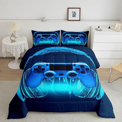 Gamer Comforter Set Twin Size,Blue Headphones Musical Design Games Gamepad Bedding Set for Kids Boys Video Game Room Decor Retro Playing Gamer Down Comforter Gaming Controller Quilted Duvet Set
