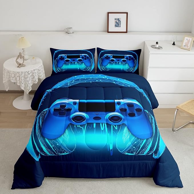 Gamer Comforter Set Queen Size,Blue Headphones Musical Design Games Gamepad Bedding Set for Kids Boys Video Game Room Decor Retro Playing Gamer Down Comforter Gaming Controller Quilted Duvet Set