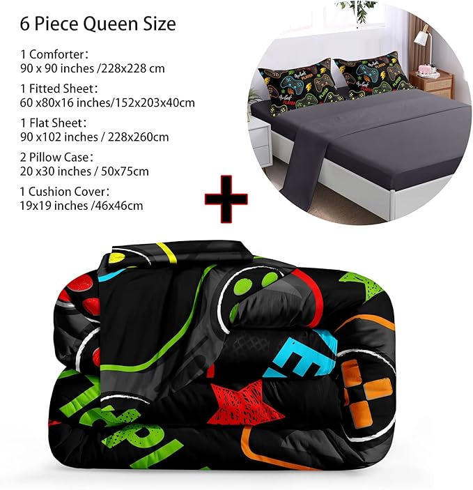 6 Pieces Gamer Comforter Set for Boys Gaming Bedding Set Queen Size,Video Game Controller Comforter for Boys Kids Adult 3D Gamepad Microfiber Bedding Sets 6 Pieces Bed in A Bag Sets3011,Queen