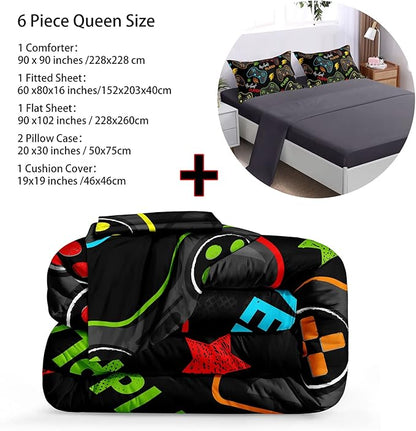 6 Pieces Gamer Comforter Set for Boys Gaming Bedding Set Queen Size,Video Game Controller Comforter for Boys Kids Adult 3D Gamepad Microfiber Bedding Sets 6 Pieces Bed in A Bag Sets3011,Queen