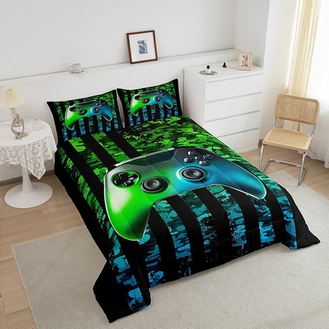 Gaming Comforter Set Full Size For Boys Kids Game Room Decor United States Bedding Set Video Game Gamer Down Comforter Camouflage Stripes Teens Bedroom Decor Gamepad Bedding Set With 2 Pillow Cases