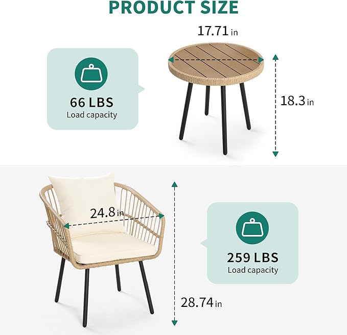 YITAHOME 3 Pieces Outdoor Wicker Patio Conversation Bistro Set, All-Weather Rattan Patio Furniture Set with Table & Cushions, Outdoor Sectional Sofa for Patio, Balcony, Backyard, Deck