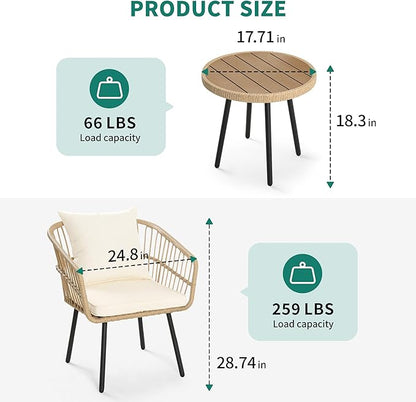 YITAHOME 3 Pieces Outdoor Wicker Patio Conversation Bistro Set, All-Weather Rattan Patio Furniture Set with Table & Cushions, Outdoor Sectional Sofa for Patio, Balcony, Backyard, Deck