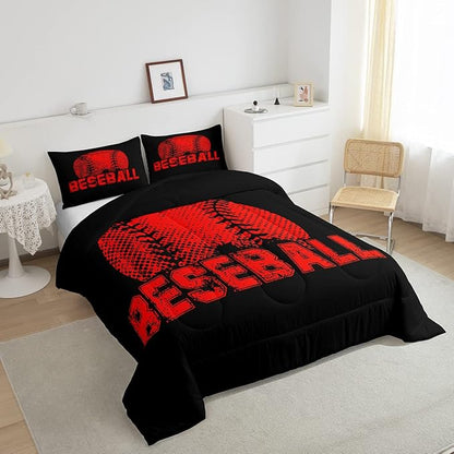 Erosebridal Kids Baseball Twin Size Bedding Set Red Black Sports Comforter Set for Boys Girls Teen,Reversible Black Quilt Comforter Soft Lightweight for All Season,1 Comforter and 1 Pillow Case