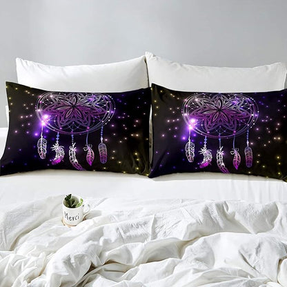 Erosebridal Dream Catcher Feather Comforter Set, Bohemian Mandala Down Comforter King Size for Kids Girls Boys, Starry Sky Galaxy Bedding Set Boho Tie Dye Exotic Flower Quilted Duvet, Purple