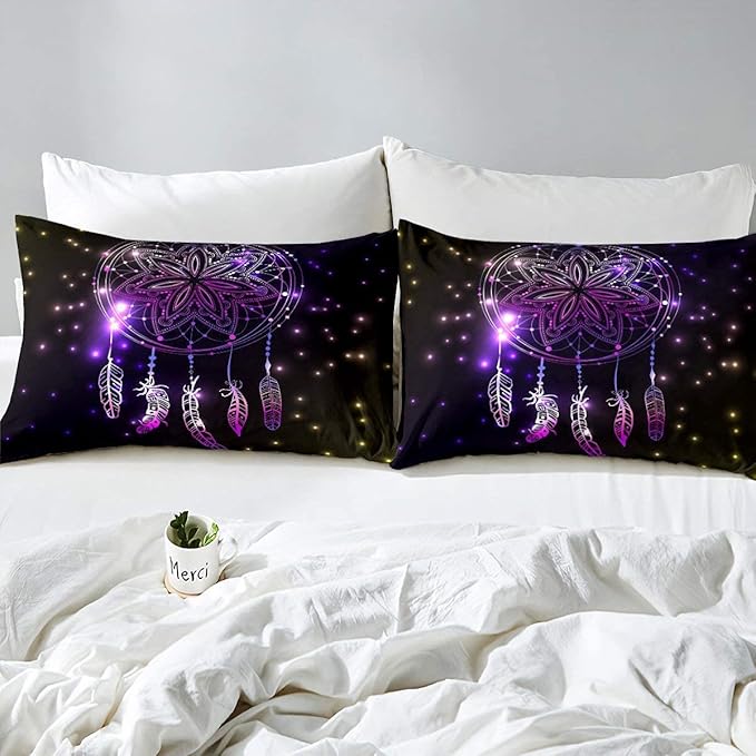 Erosebridal Dream Catcher Feather Comforter Set, Bohemian Mandala Down Comforter Queen Size for Kids Girls Boys, Starry Sky Galaxy Bedding Set Boho Tie Dye Exotic Flower Quilted Duvet, Purple