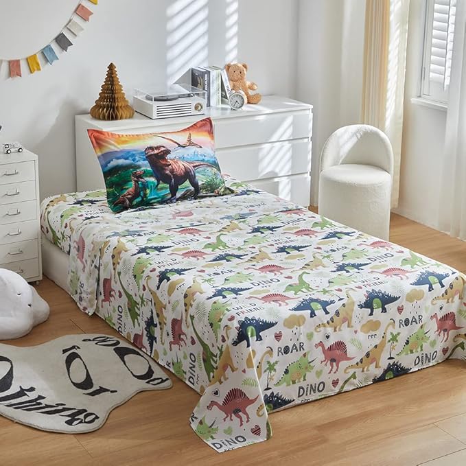 ADASMILE A & S Dinosaur Comforter Set Twin for Boys Dinosaur Twin Bedding Set for Kids 6 Pieces Dinosaur Comforter Set with Sheets Bed in A Bag T-Rex Dinosaur Comforter and Sheets Set for Home Decor