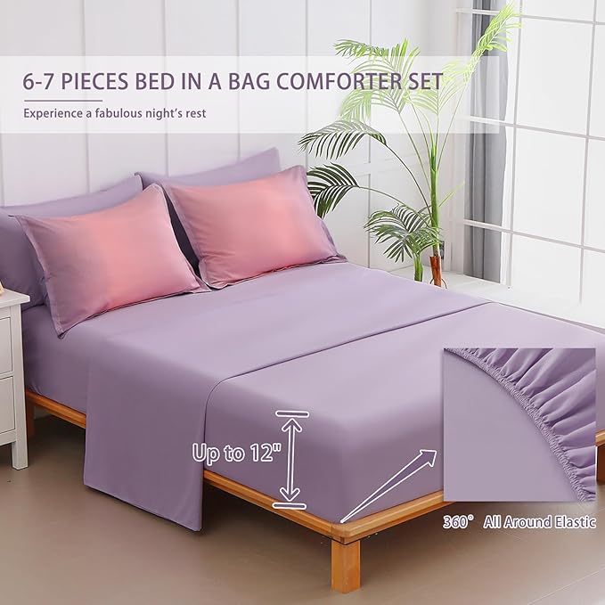7 Pieces Comforter Set Full/Queen Size - Gradient Pink and Purple All Season Teens Rainbow Comforter Bedding Set, Ultra Soft Fluffy Microfiber Bed in a Bag for Kids