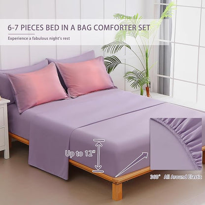 6 Pieces Comforter Set Twin Size for Girls - Gradient Pink and Purple All Season Teens Comforter Bedding Set, Ultra-Soft Fluffy Down Alternative Microfiber Bed in a Bag for Kids
