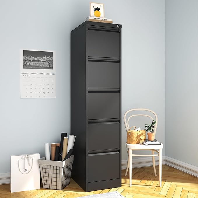 5 Drawer Vertical File Cabinet, Metal File Cabinets with Lock for Home Office, Heavy Duty Office Steel Filing Cabinet for Hanging Files for A4/ Legal/Letter,Assembly Required (Black)