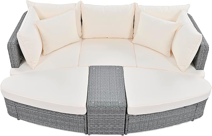 6-Piece Patio Round Sofa Set Rattan Daybed with Coffee Table and Cushions, Outdoor Furniture Conversation Sectional Seating Group for Garden, Poolside, Backyard, Onesize, Beige