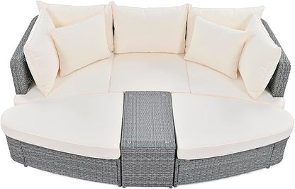 6-Piece Patio Round Sofa Set Rattan Daybed with Coffee Table and Cushions, Outdoor Furniture Conversation Sectional Seating Group for Garden, Poolside, Backyard, Onesize, Beige