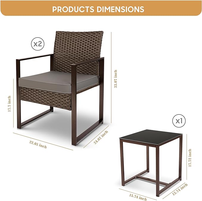 YIYAN 3 Pieces Outdoor Furniture Set Patio Rattan Wicker Chairs & teatable,Lawn Garden Balcony Backyard,with Washable Cushion (Gray)