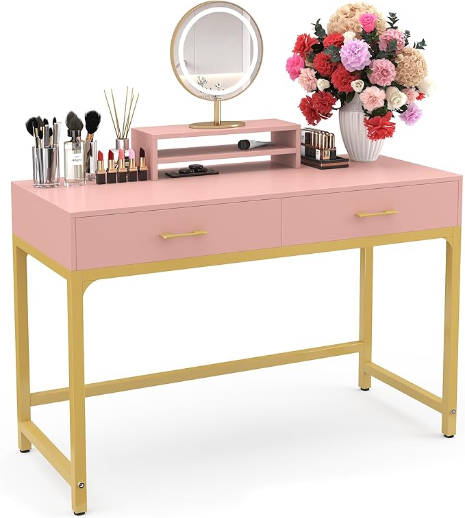 WESTREE Women Makeup Vanity Desk with 2 Drawers - Bedroom Home Office Desk, Wooden Height Monitor Stand & Storage Shelf without Mirror, Pink Table Great Gift for Her