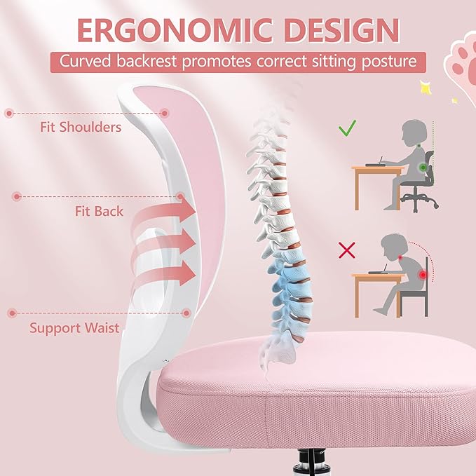 Primy Kids Desk Chair, Ergonomic Children Study Computer Chair Adjustable, Breathable Mesh Office Chair with Wheels, Armless Rolling Swivel School Task Chair for Boys Girls Age 4-12 in Home Bedroom
