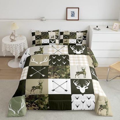 Antler Silhouette Kids Comforter Set Queen Size,Camo Green Rustic Bedding Set,Girls Boys Adults Bedroom/Xmas Decor,Geometric Plaid Patchwork Down Comforter,Arrows Boho Duvet Insert,3pcs,2 Pillowcases