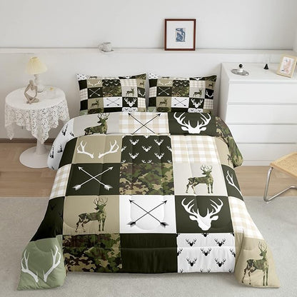 Camo Deer Kids Comforter Set Full Size,Deer Antlers Rustic Hunting Arrows Bedding Set,Girls Boys Adults Cabin Decor,Geometric Plaids Patchwork Down Comforter,Camo Country Duvet Insert,2 Pillowcases