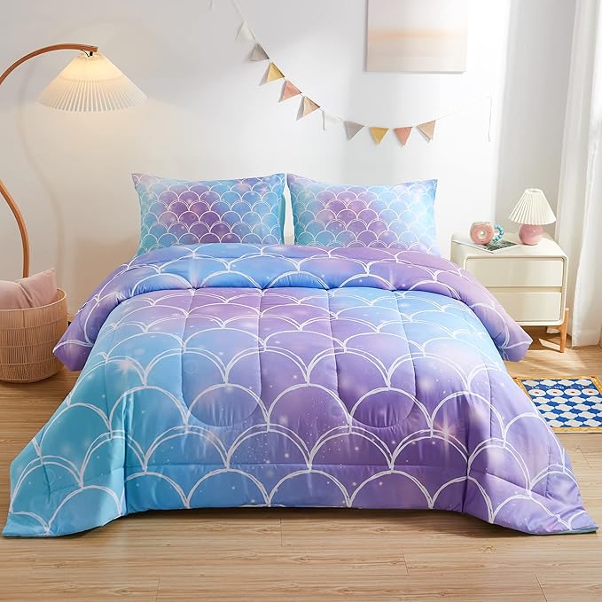 beeweed 3 Piece Kid Comforter Set Queen Size, Colorful Scale Bedding Set for Teen Boys Girls