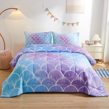 beeweed 3 Piece Kid Comforter Set Queen Size, Colorful Scale Bedding Set for Teen Boys Girls