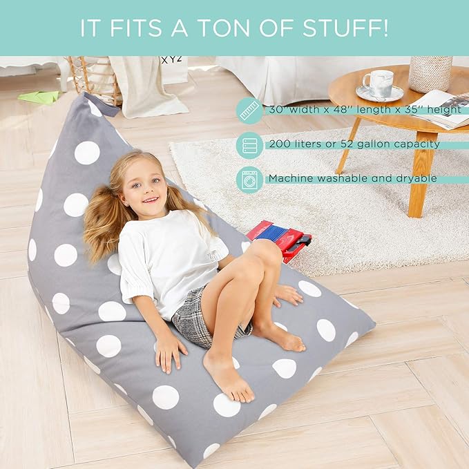 Aubliss Stuffed Animal Storage Bean Bag Chair Cover, 50"x 35" Extra Large Bean Bags for Kids & Adults, Beanbag Toy Storage for Boys Girls - Premium Cotton Canvas Grey Dot