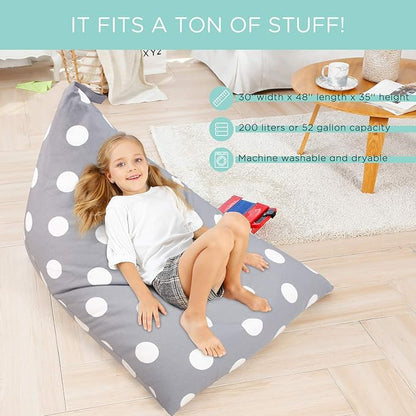 Aubliss Stuffed Animal Storage Bean Bag Chair Cover, 50"x 35" Extra Large Bean Bags for Kids & Adults, Beanbag Toy Storage for Boys Girls - Premium Cotton Canvas Grey Dot