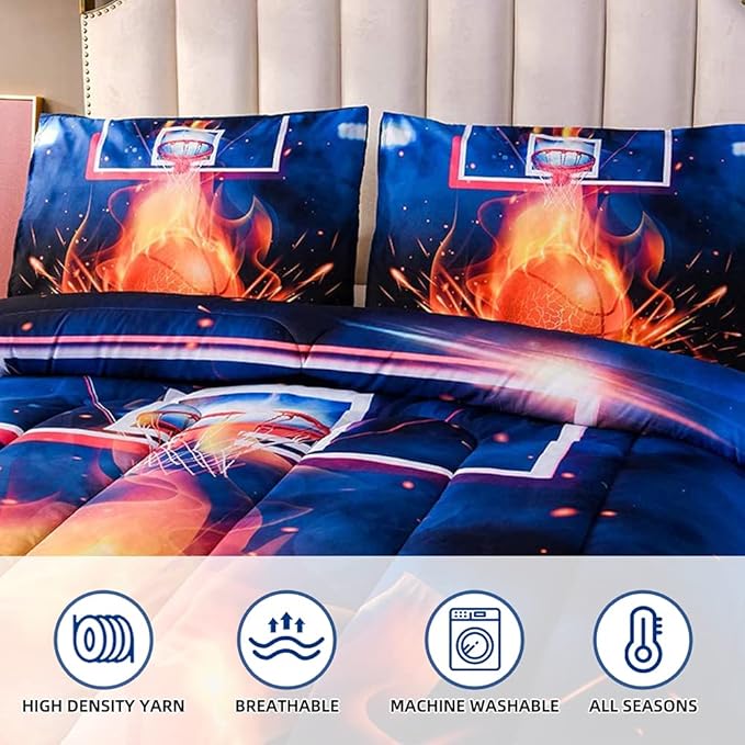 Btargot Basketball Fire Court Comforter Sets Full for Boys Teens,3D Sports Bedding,Soft Microfiber Reversible Quilt with 2 Matching Pillow Shams