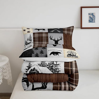 Deer Antler Comforter Set Queen Size,Bear Paw Pine Trees Rustic Farmhouse Bedding Set for Boys Girls Adults Room Decor,Geometric Plaids Arrows Down Comforter,Brown Retro Duvet Insert,2 Pillowcases