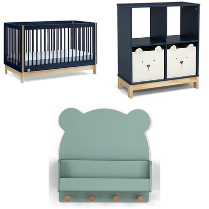 Delta Children babyGap Tate 4-in-1 Convertible Crib + Brannan Bear Bookcase with Bins + Brannan Bear Wall Shelf with 4 Hooks, Navy/Natural (Bundle)