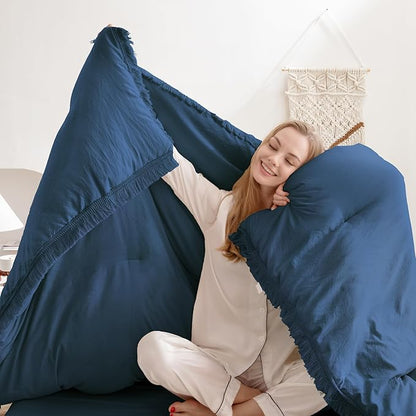 Andency Navy Blue Comforter Set Twin Size, 2 Pieces Boho Tassel Lightweight Bedding Comforter Sets, All Season Soft Fluffy Fringe Bed Set (66x90In Comforter & 1 Pillowcase)
