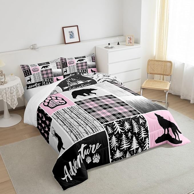 Rustic Farmhouse Comforter Set King Size,Deer Bear Wolf Hunting Animals Bedding Set for Kids Boys Girls Adults Room Decor,Pine Trees Patchwork Down Comforter,Pink Xmas Duvet Insert,2 Pillowcases