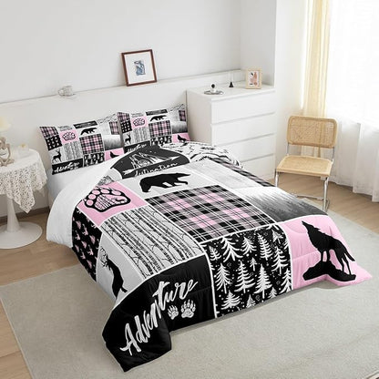 Rustic Farmhouse Comforter Set Full Size,Deer Bear Wolf Hunting Animals Bedding Set for Kids Boys Girls Adults Room Decor,Pine Trees Patchwork Down Comforter,Pink Xmas Duvet Insert,2 Pillowcases