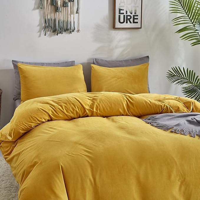 Wellboo Yellow Velvet Comforter Sets Twin Solid Mustard Yellow Fluffy Bedding Comforters Women Girls Plain Turmeric Yellow Sherpa Quilts Dark Yellow Soft Warm Winter Bed Blankets Luxlury Yellow Bed