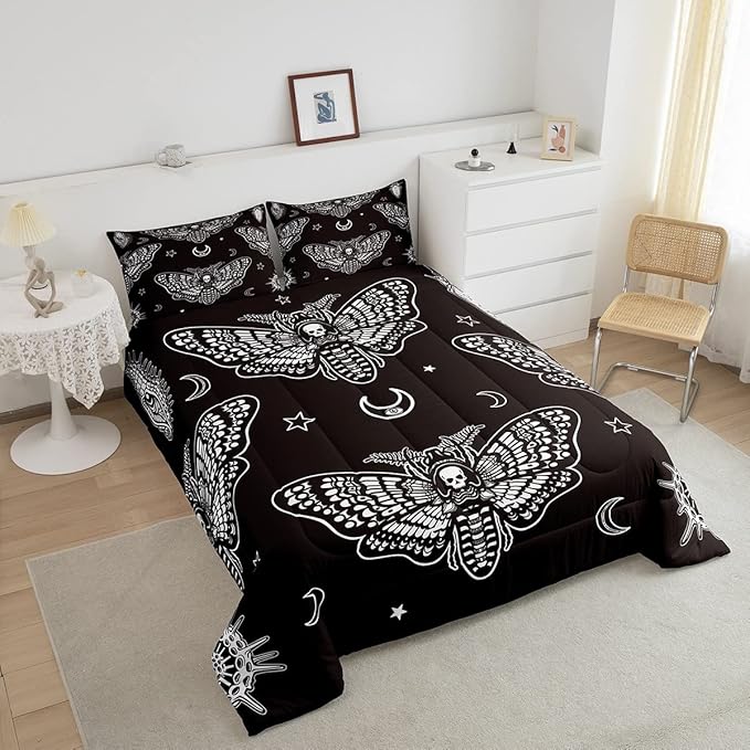 Boys Boho Moth Comforter Set Full Size Men Gothic Skull Bedding Set for Girls Women Bedroom Decor Bohemian Moon Star Comforter Personalized Moth Skull Skeleton Bones Duvet Set Teens Quilt Set