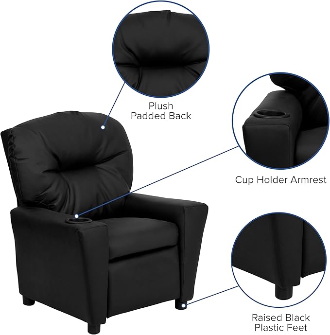 Flash Furniture Chandler LeatherSoft Kids Recliner with Cup Holder and Safety Recline, Contemporary Reclining Chair for Kids, Supports up to 90 lbs., Black