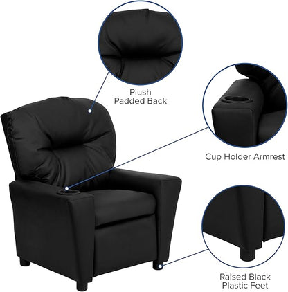 Flash Furniture Chandler LeatherSoft Kids Recliner with Cup Holder and Safety Recline, Contemporary Reclining Chair for Kids, Supports up to 90 lbs., Black
