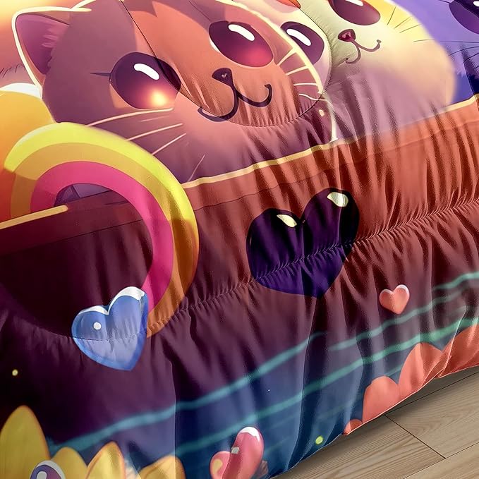 Kids Cat Comforter Set - Cat Bedding Set Full Size Cat Comforter Cartoon Cat Rainbow Printed Bedding Sets for Kids Girls Kawaii Cat Quilt Set, 1 Comforter+2 Pillowcases