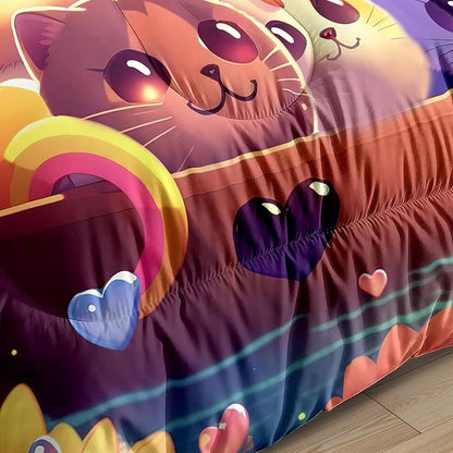 Cat Bedding Set Queen Size, Cartoon Cat Comforter Set, Lovely Animal Pattern and Rainbow Prints Bedding Sets for Kids Girls Kawaii Cat Queen Size Quilt Sets with 2 Pillowcases