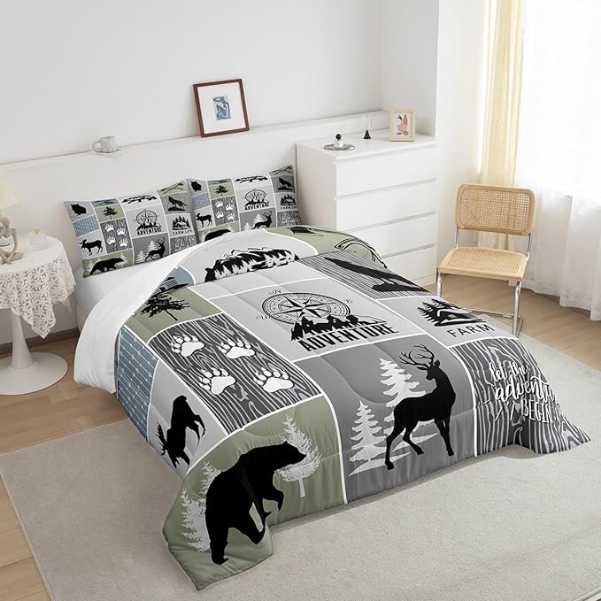Rustic Farmhouse Cabin Kids Comforter Set Queen Size,Deer Bear Hunting Adventure Bedding Set for Boys Girls Adults Room Decor,Geometric Plaids Down Comforter,Gray Green Duvet Insert,2 Pillowcases
