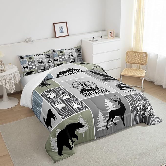 Rustic Farmhouse Cabin Kids Comforter Set Full Size,Deer Bear Hunting Adventure Bedding Set for Boys Girls Adults Room Decor,Geometric Plaids Down Comforter,Gray Green Duvet Insert,2 Pillowcases