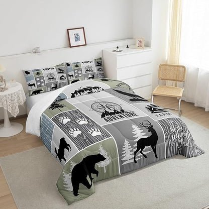 Rustic Farmhouse Cabin Kids Comforter Set King Size,Deer Bear Hunting Adventure Bedding Set for Boys Girls Adults Room Decor,Geometric Plaids Down Comforter,Gray Green Duvet Insert,2 Pillowcases